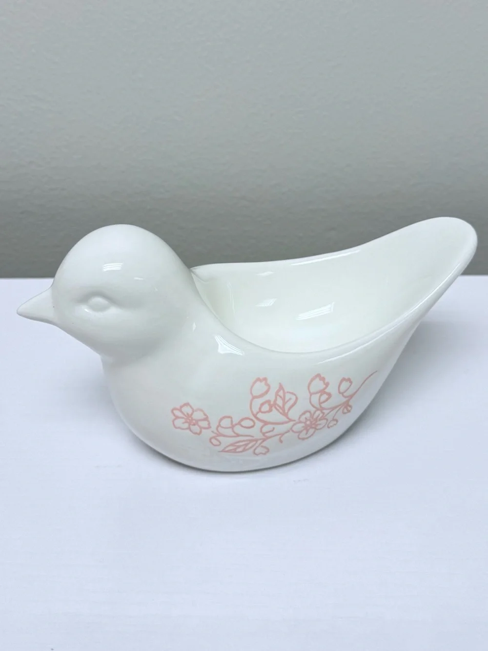 New! Ceramic Bird Trinket Dish with Pink Floral Accents